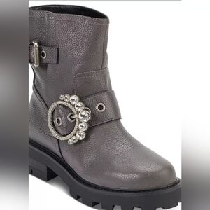 Size 9.5 - New KARL LAGERFELD Paris Marceau Crystal Embellished Buckle Grey Boot